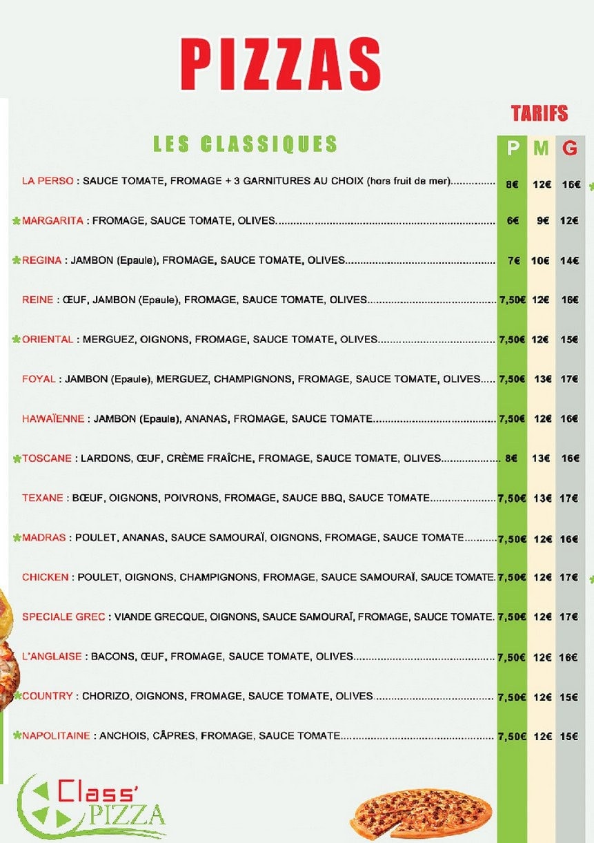 Class Pizza — carte page 3