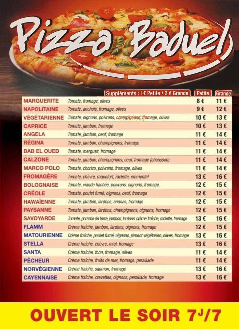 Carte et menu de Pizza Baduel à Cayenne — La carte des pizzas