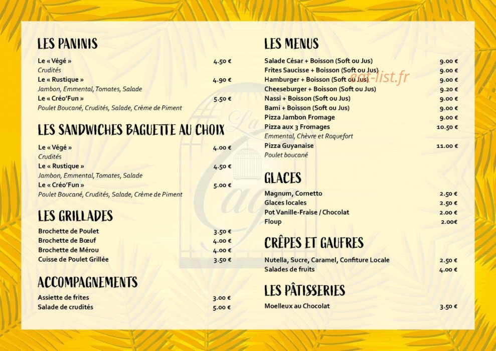 La Cage à Kourou - menu et photo