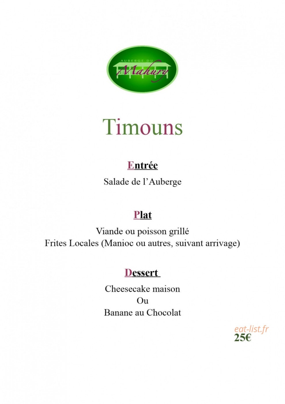 Auberge du Mahury — carte page 4