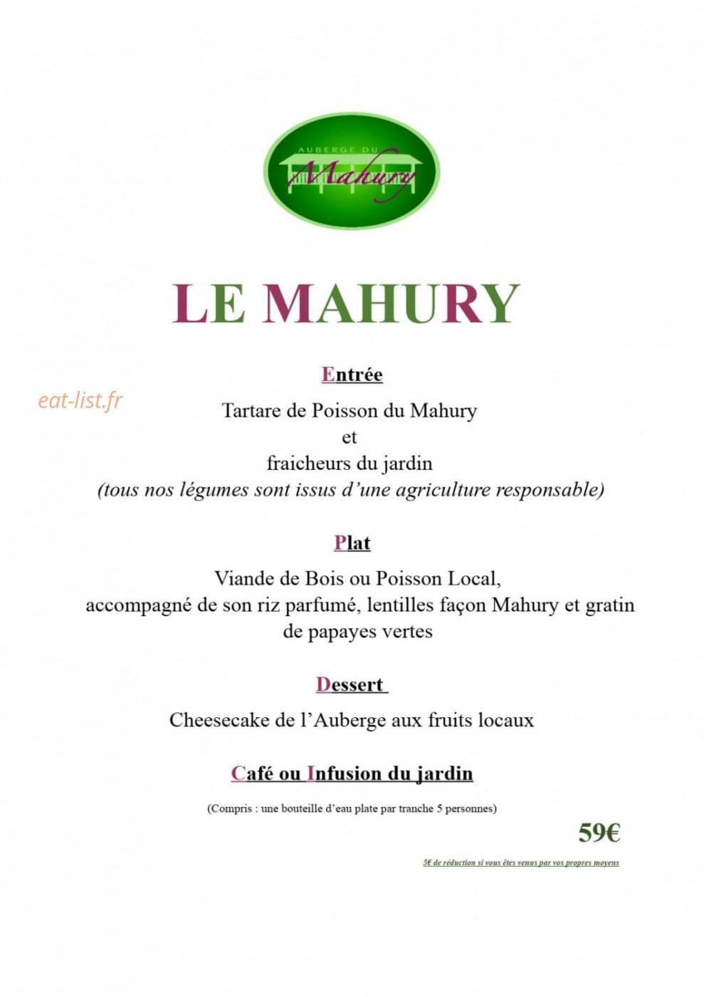 Auberge du Mahury — carte page 2