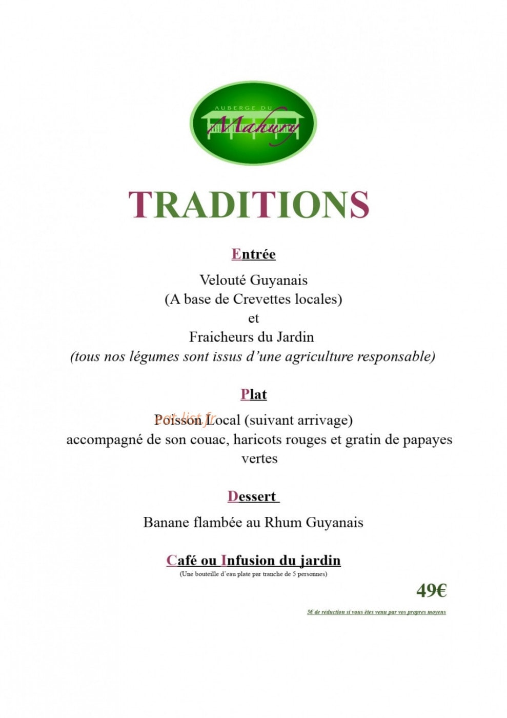 Auberge du Mahury — carte page 1