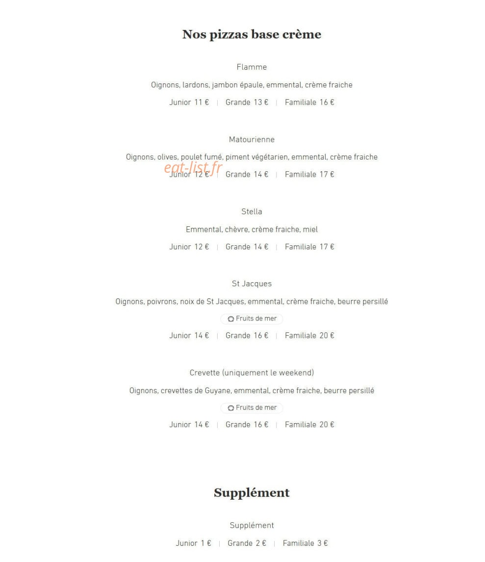 Carte et menu de Pizza M. Matoury à Matoury — Pizzas base creme