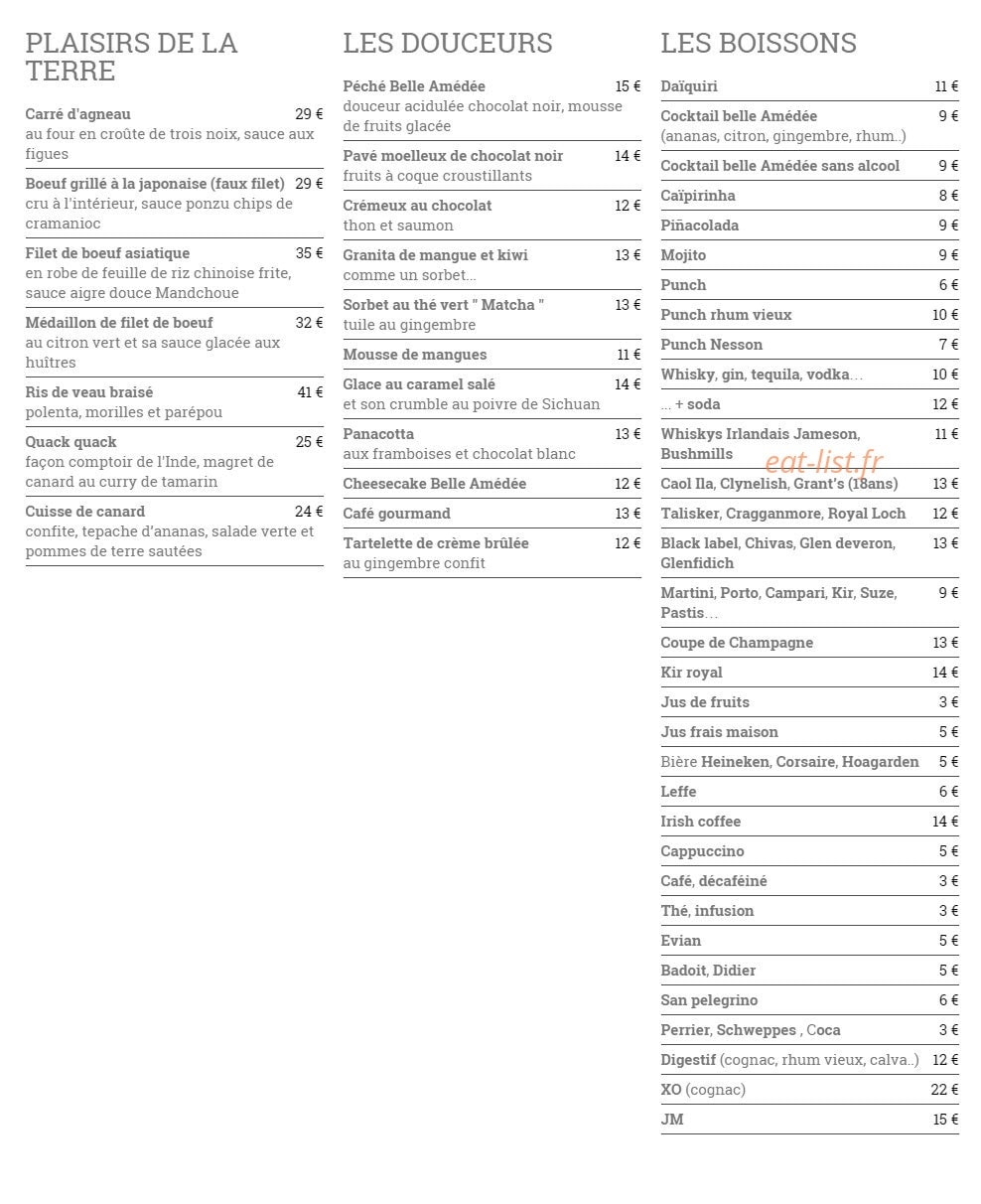 Carte et menu de La belle Amédée à Remire Montjoly — Plaisir de la terre, douceur et boissons