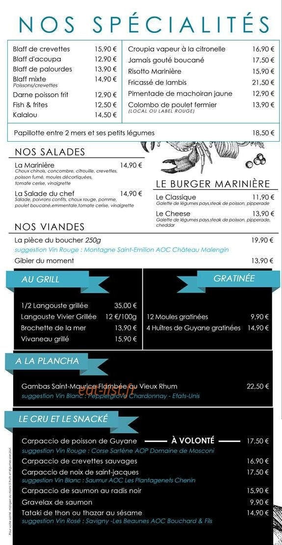 Carte et menu de La Marinière à Remire Montjoly — Les spécialités