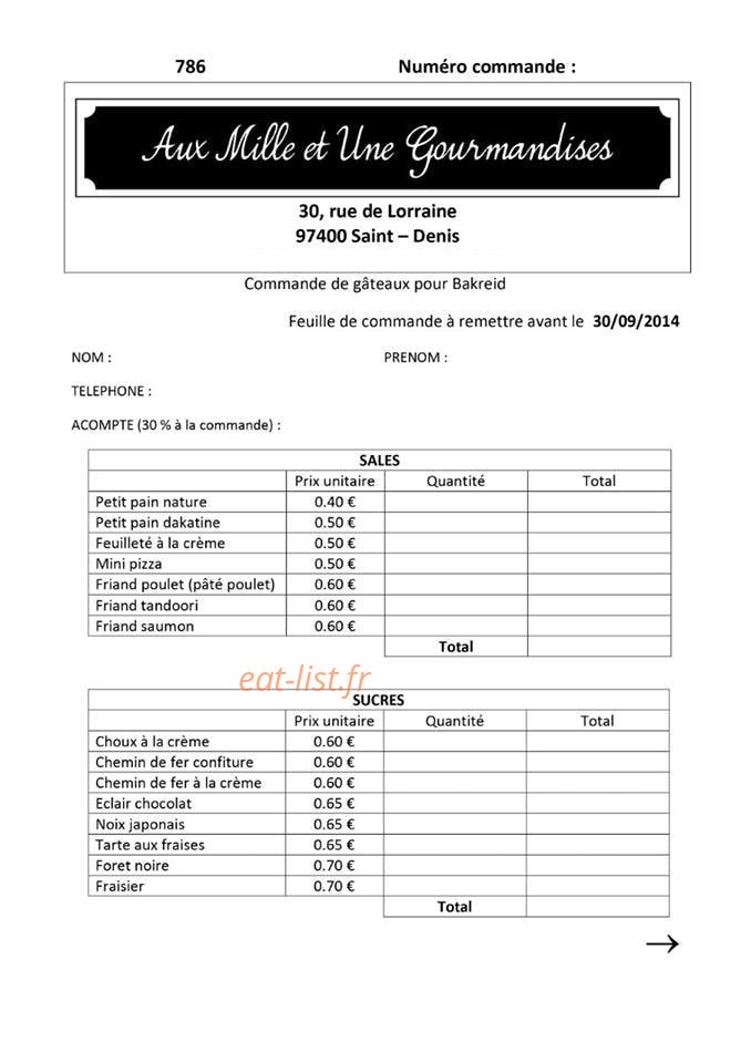 Aux mille et une gourmandises — carte page 1