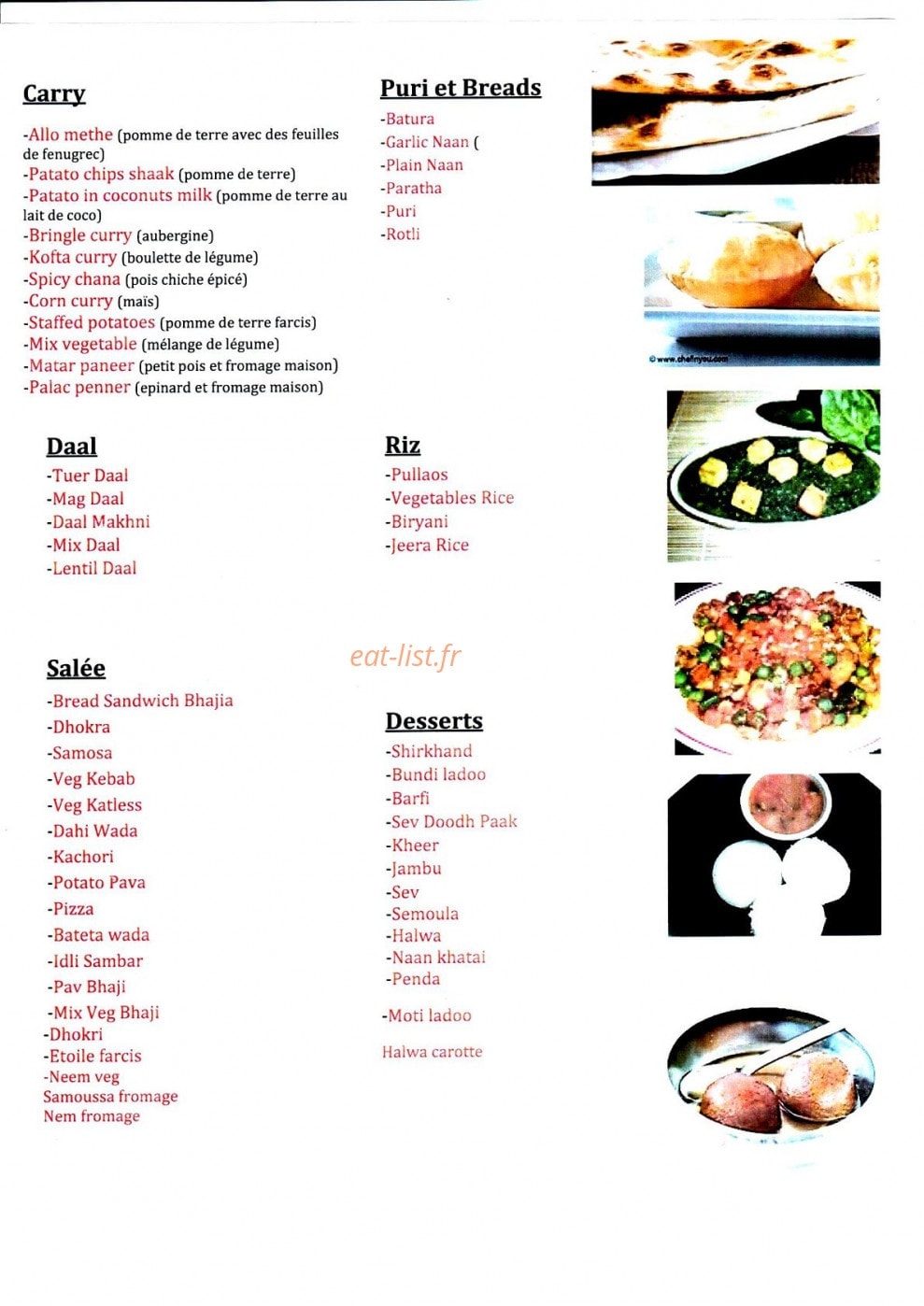 Indian Food — carte page 1