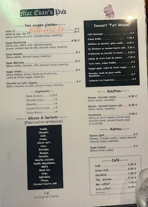 Mac Evan's Pub — carte page 1