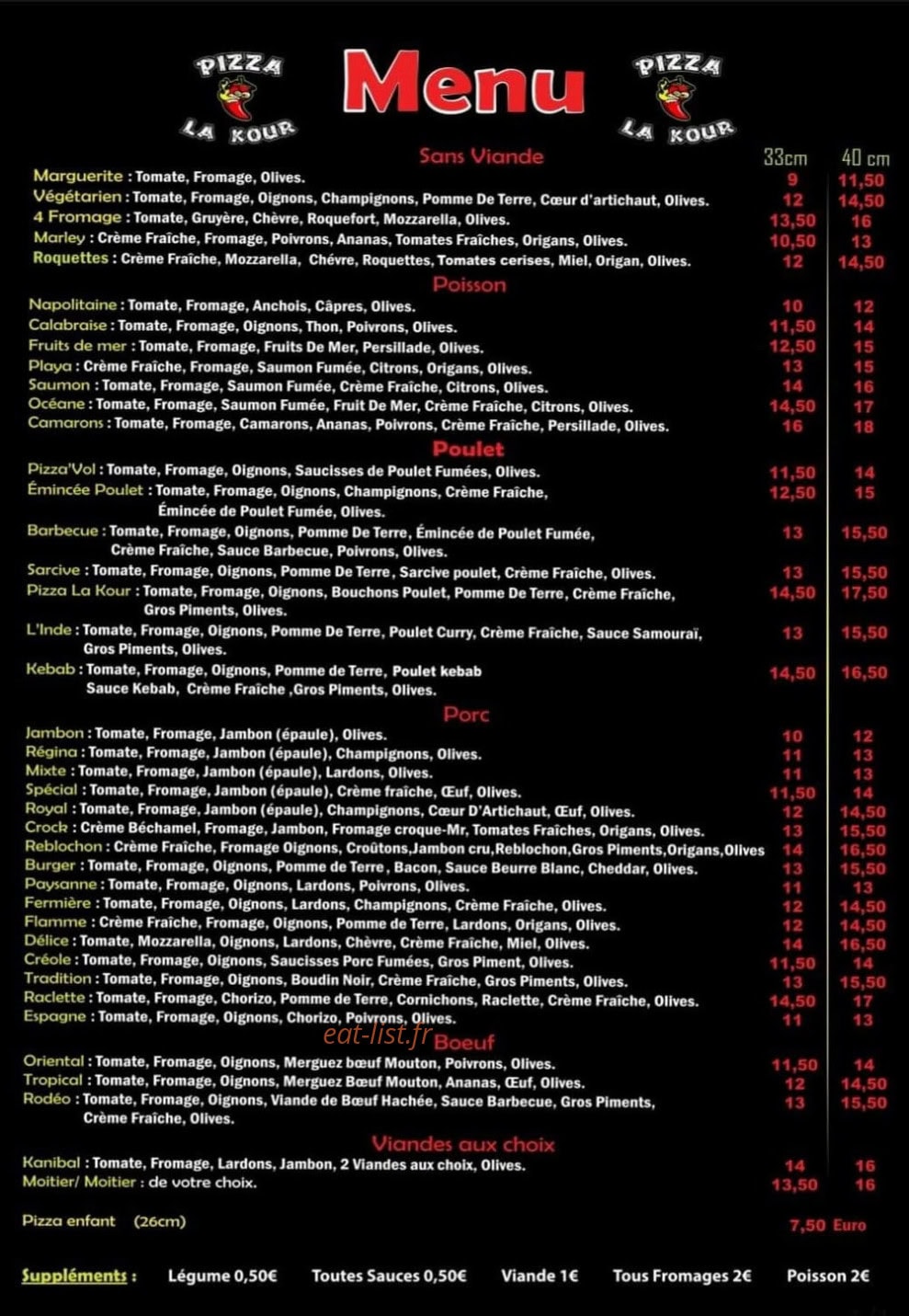 Pizza La Kour — carte page 1