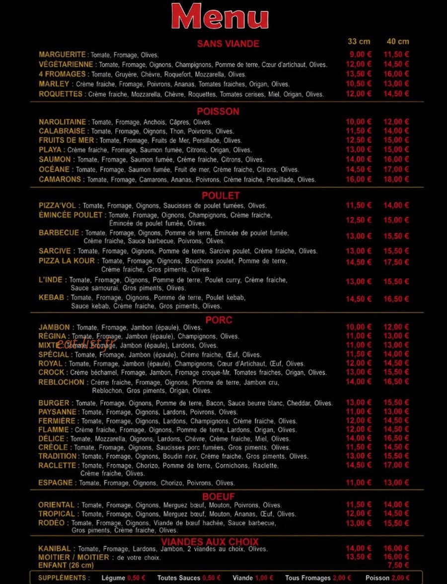 Carte et menu de Pizza La Kour à Saint Denis — La carte