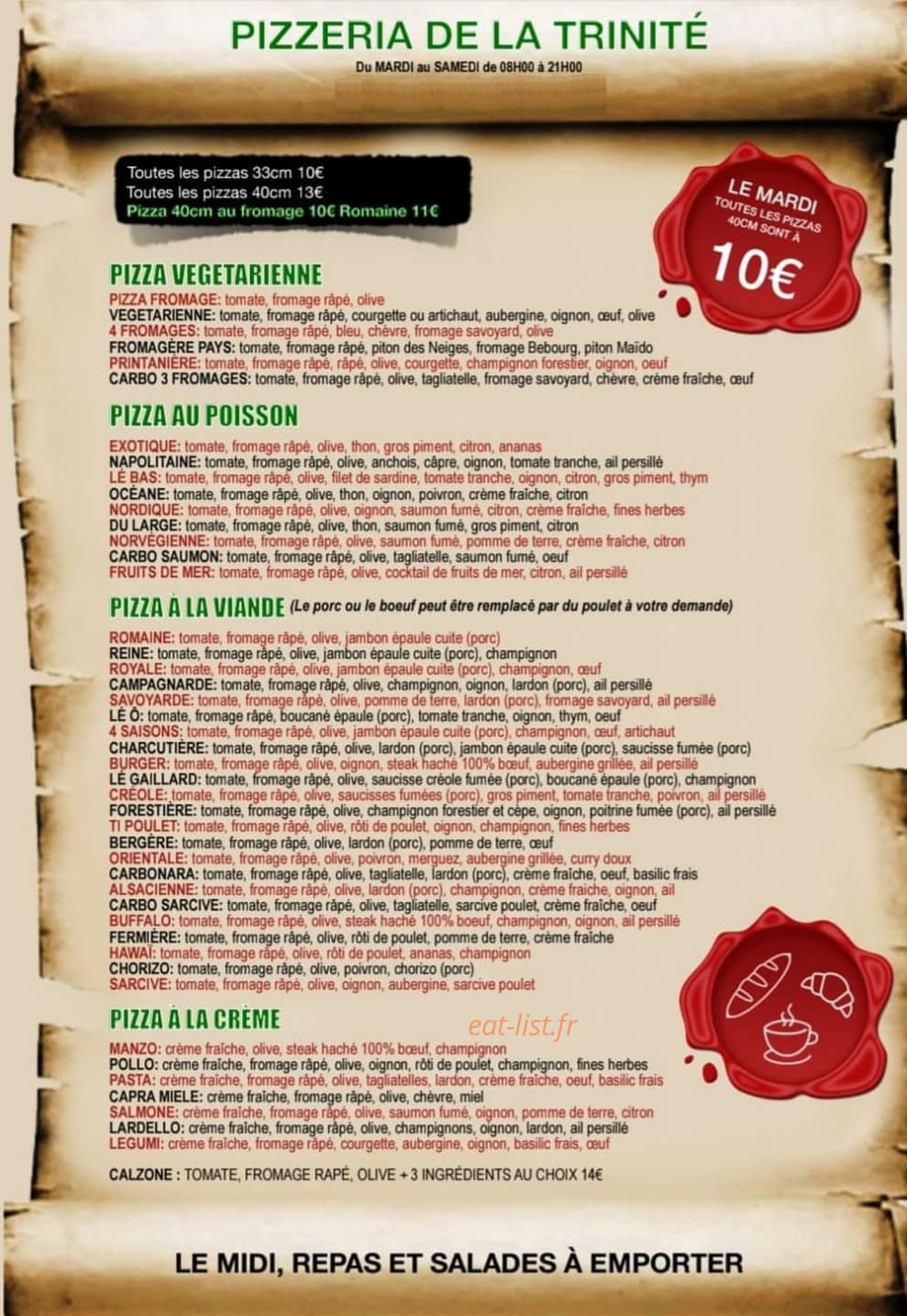 Pizzeria de la Trinité — carte page 1
