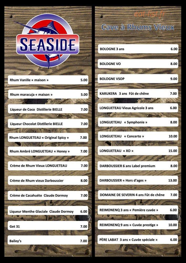 Carte et menu de Restaurant Seaside à Saint Francois — digestifs et rhum