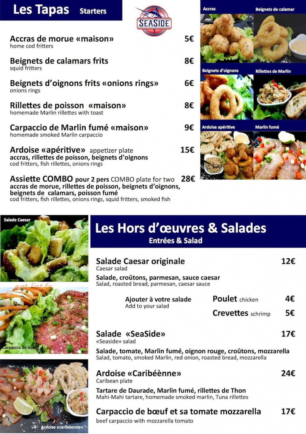 Carte et menu de Restaurant Seaside à Saint Francois — Tapas Entrées