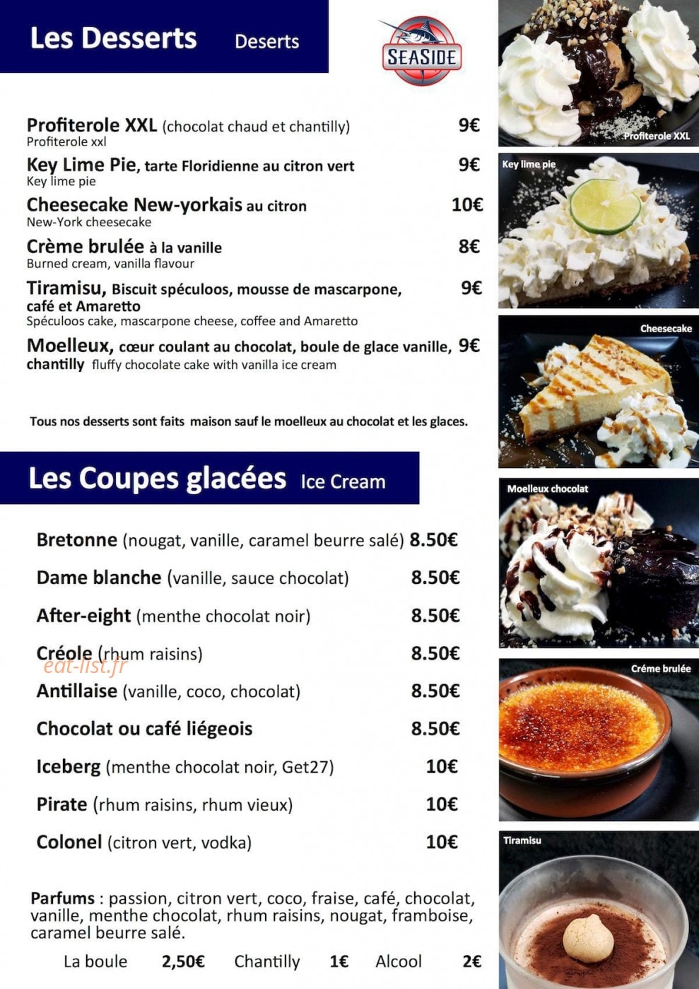 Carte et menu de Restaurant Seaside à Saint Francois — Pizzas