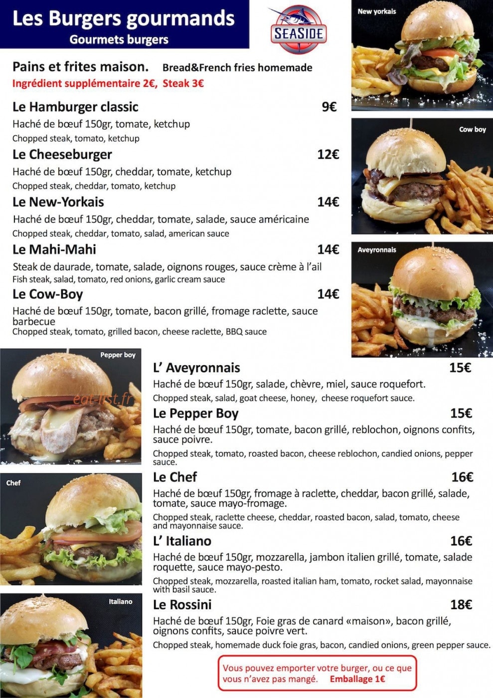 Carte et menu de Restaurant Seaside à Saint Francois — Viandes