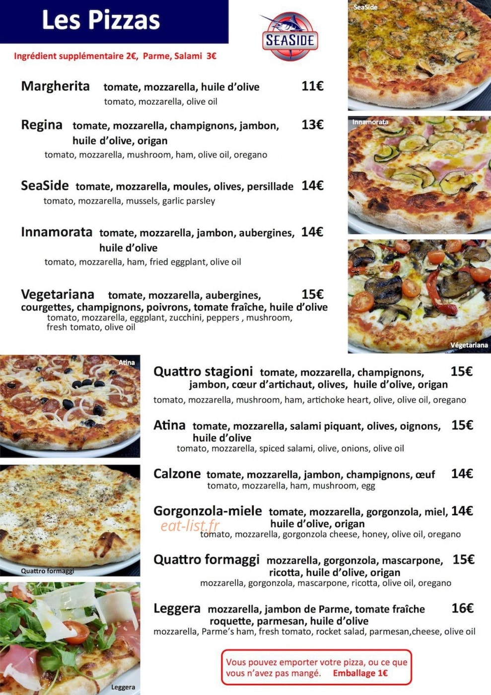 Carte et menu de Restaurant Seaside à Saint Francois — Burgers