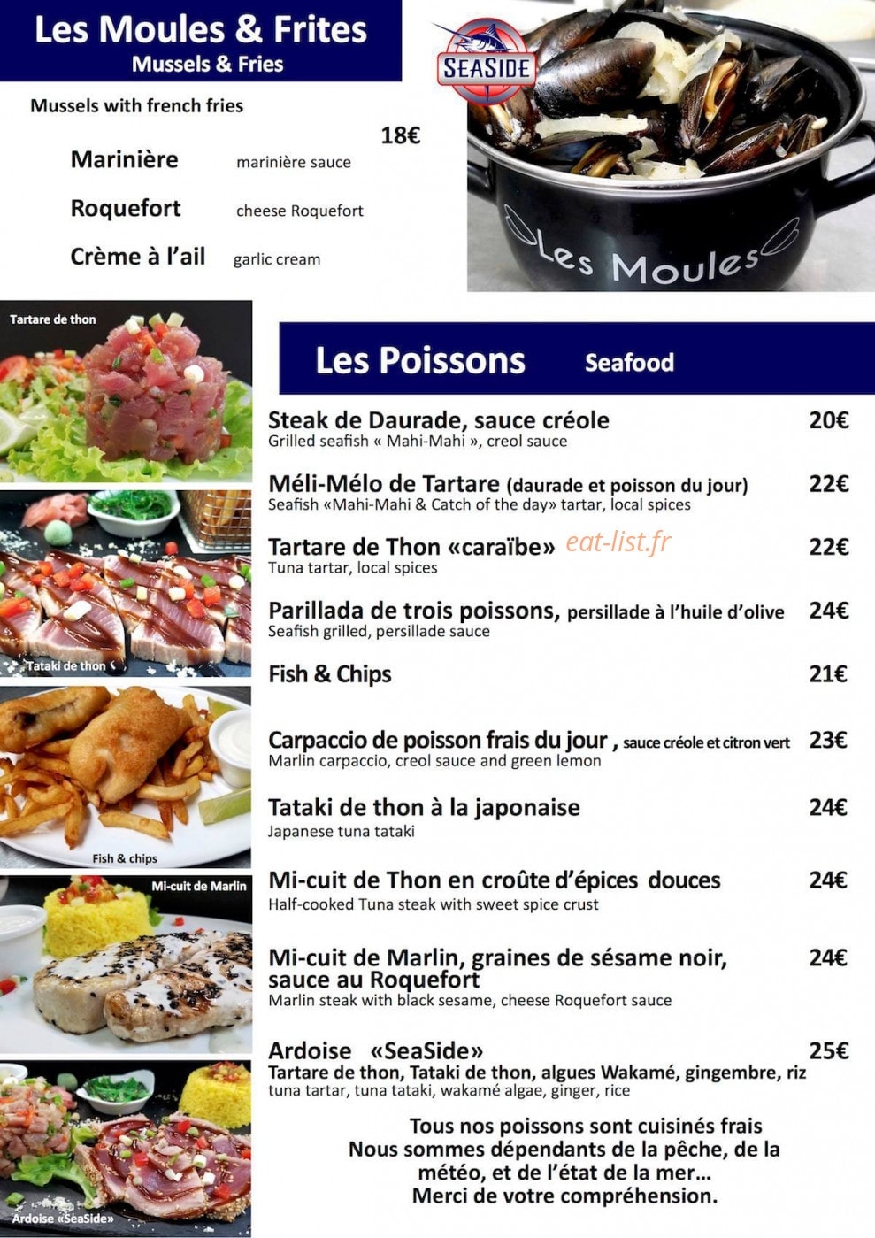 Carte et menu de Restaurant Seaside à Saint Francois — Poissons