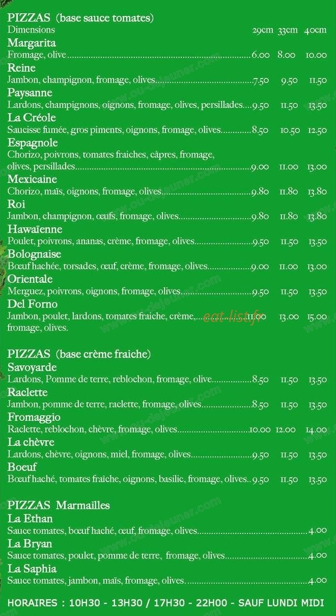 Carte et menu de Pizza Del Forno à Saint Pierre — Les pizzas base sauce tomate, crèmes fraîches et marmailles
