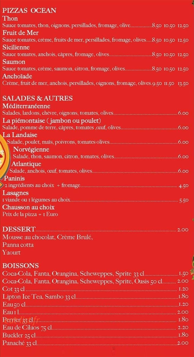 Carte et menu de Pizza Del Forno à Saint Pierre — Les pizzas oceans, les salades et autres, les desserts...