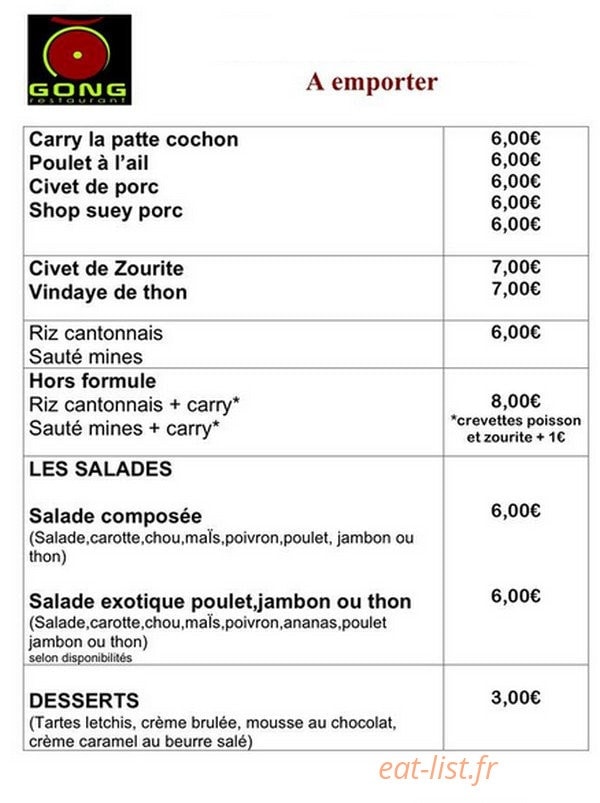 Restaurant Gong — carte page 1