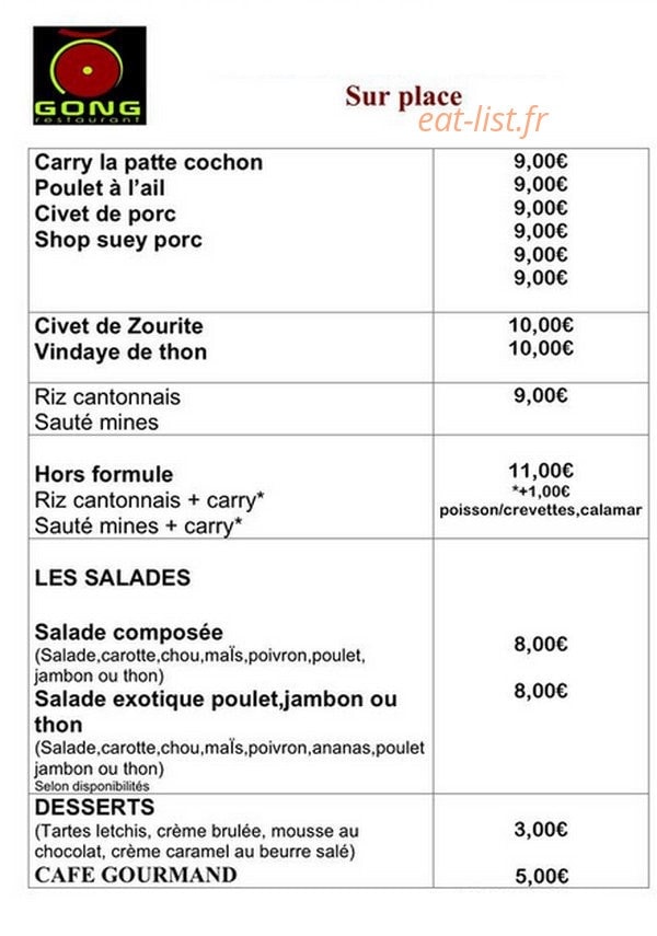 Restaurant Gong — carte page 2