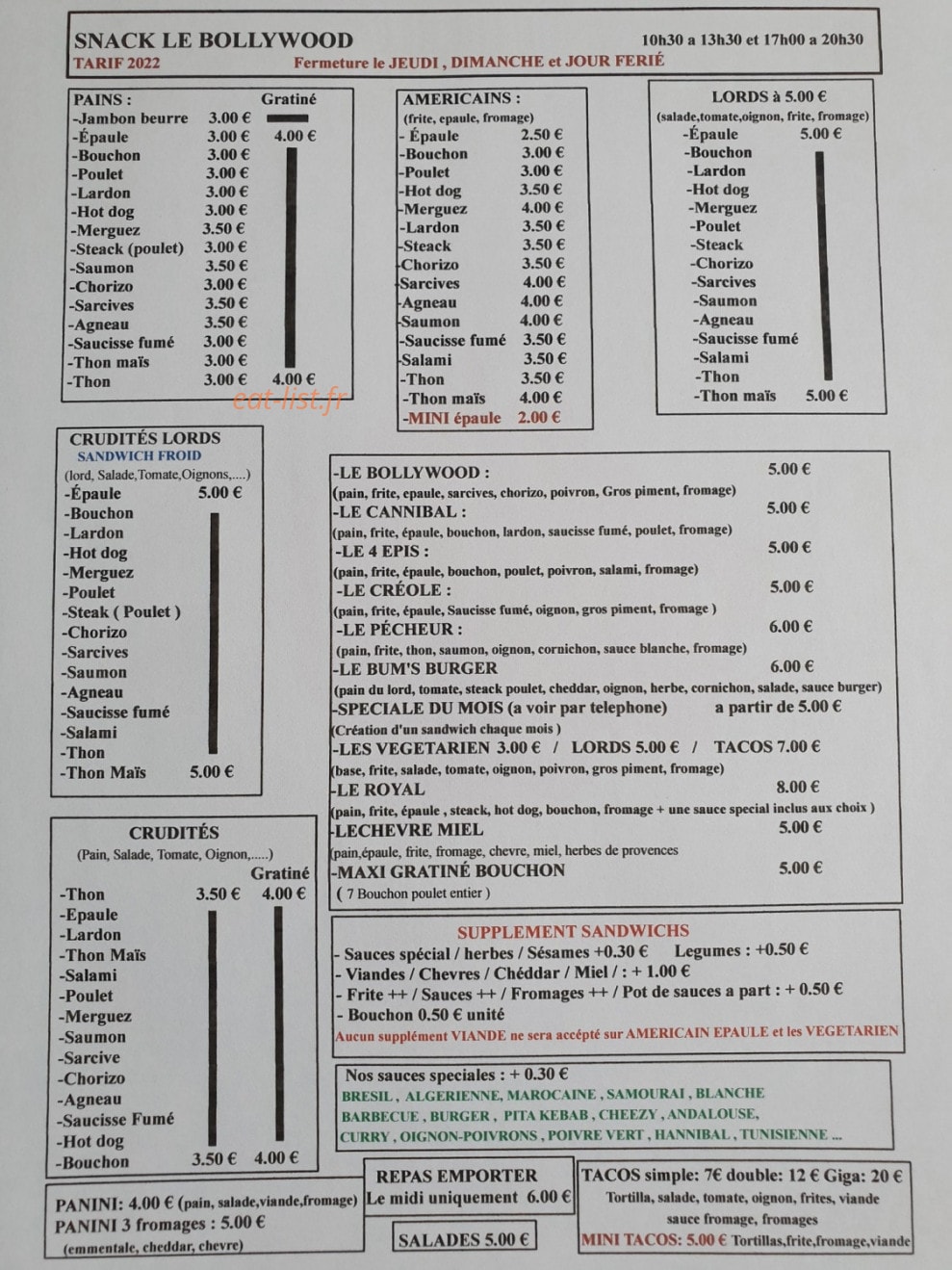 Snack le Bollywood — carte page 1