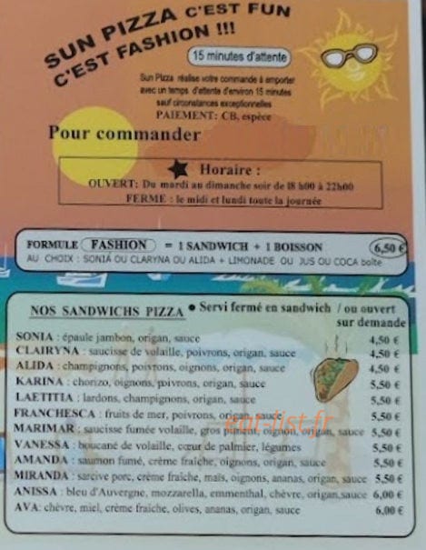 Sun Pizza — carte page 1