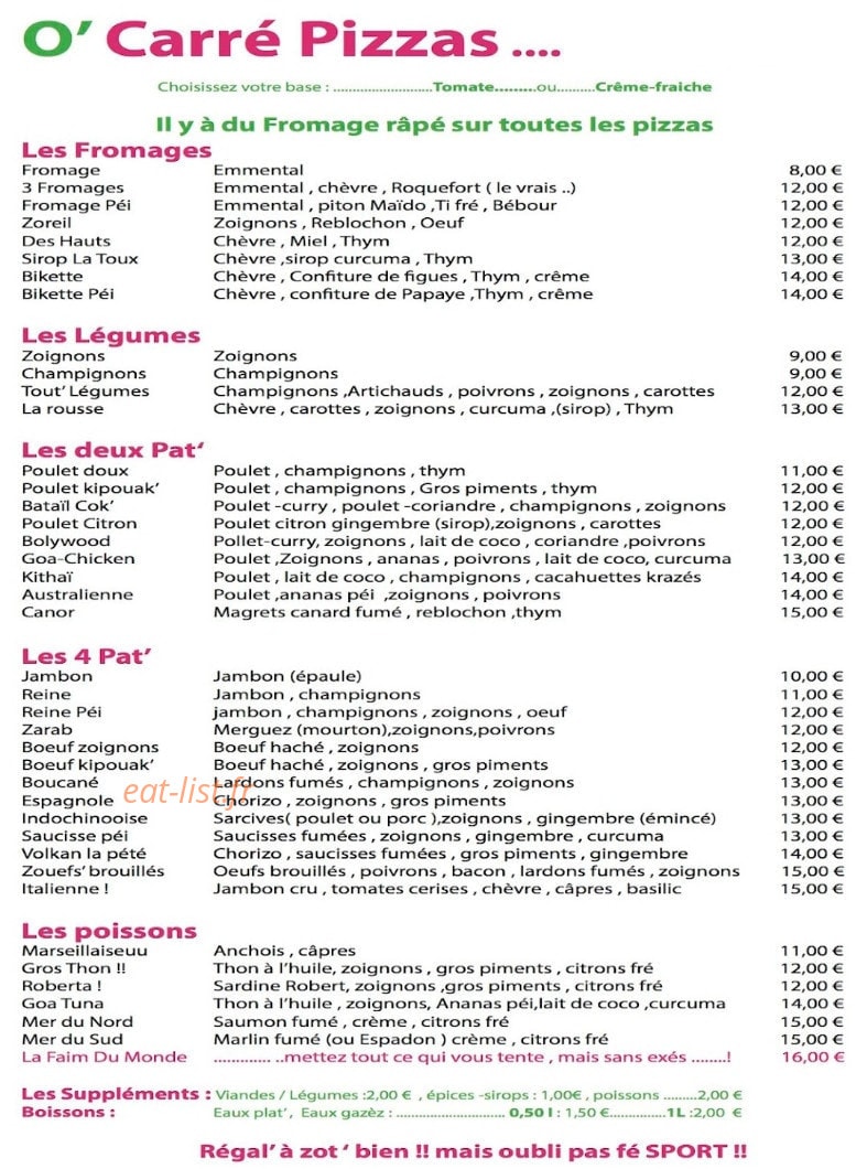 O'carré pizzas — carte page 1