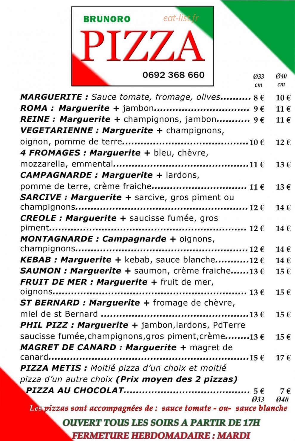 Brunoro pizza — carte page 1