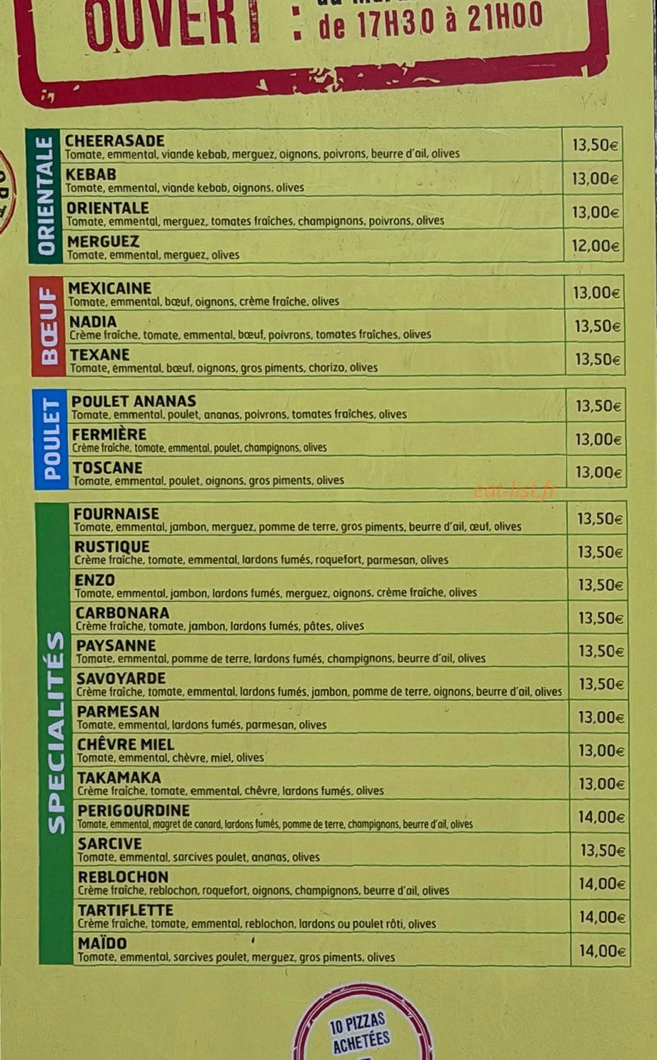 Carte et menu de Pizza Enzo à La Possession — Carte pizza