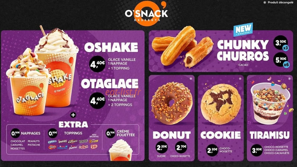 Carte et menu de O'tacos à Le Port — o shake, otaglace...