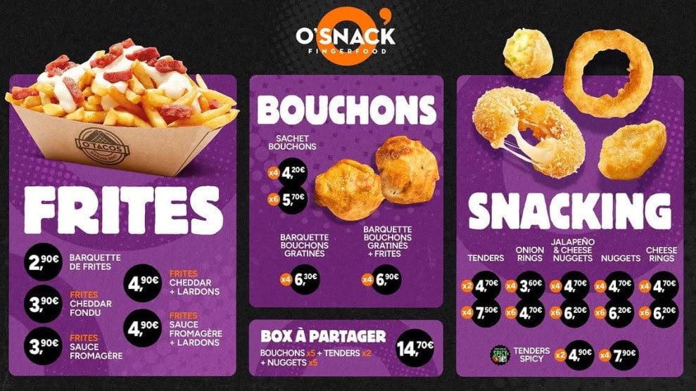 Carte et menu de O'tacos à Le Port — Bouchons, frites
