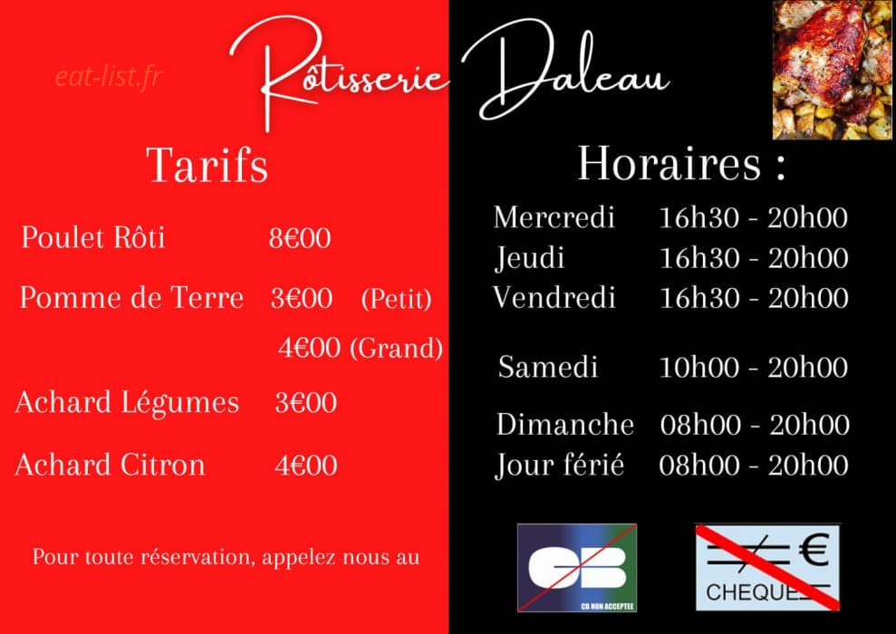 Carte et menu de Rôtisserie Daleau à Le Port — Les menus