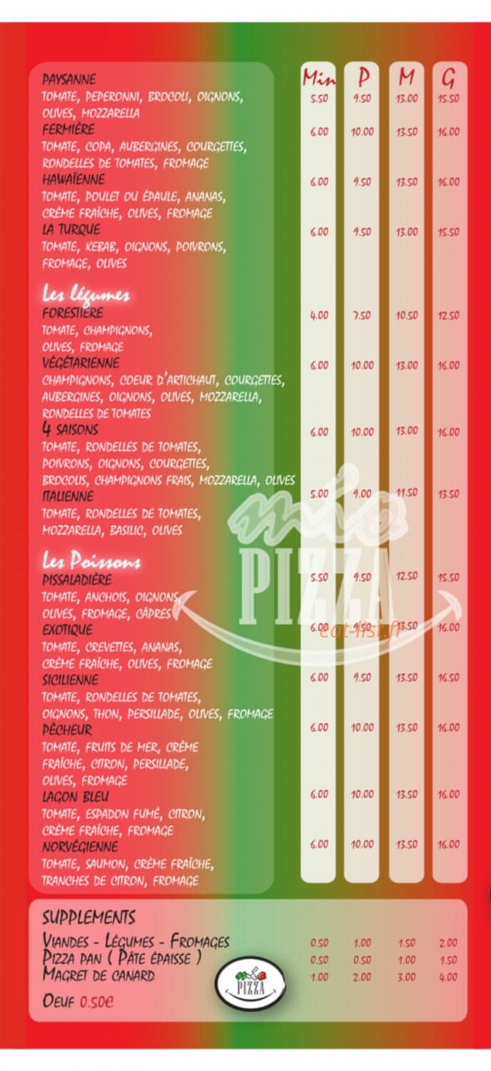 Mio Pizza — carte page 2