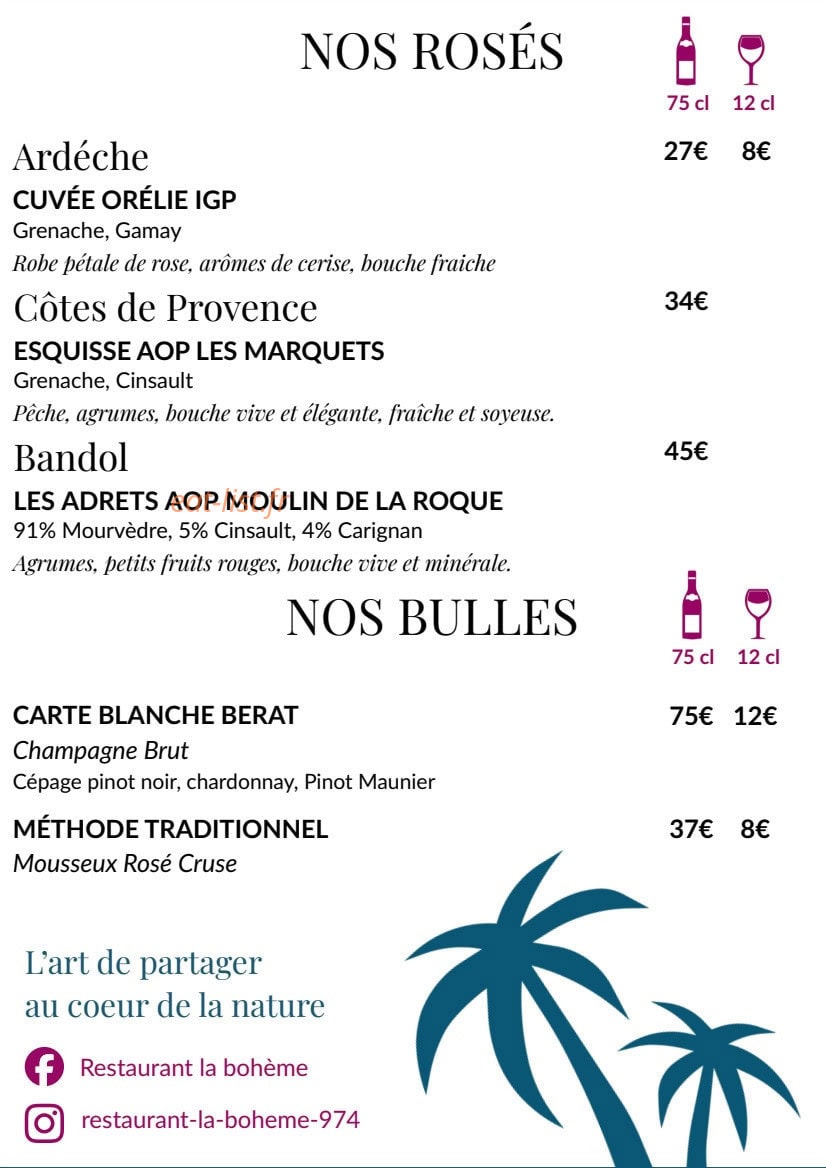 Carte et menu de La Bohème à Les Trois Bassins — 4