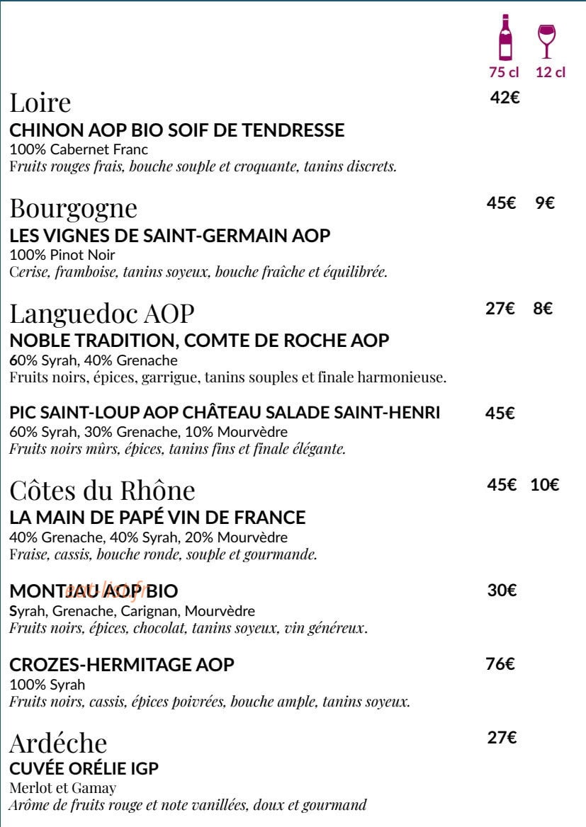 Carte et menu de La Bohème à Les Trois Bassins — 6