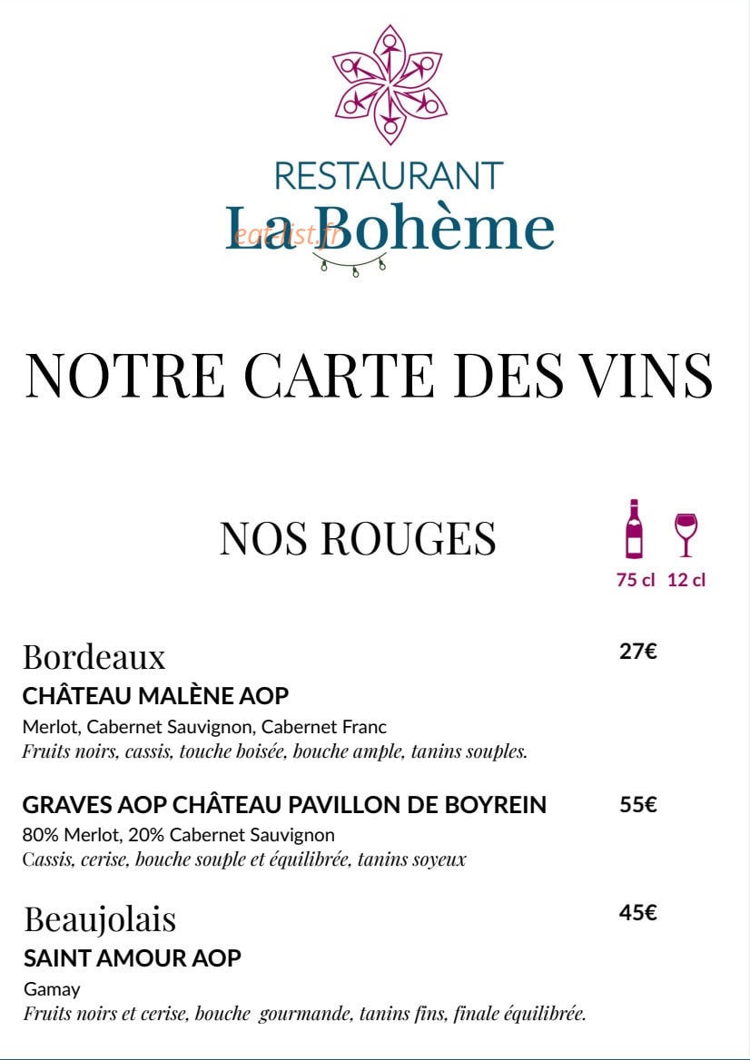 Carte et menu de La Bohème à Les Trois Bassins — 3