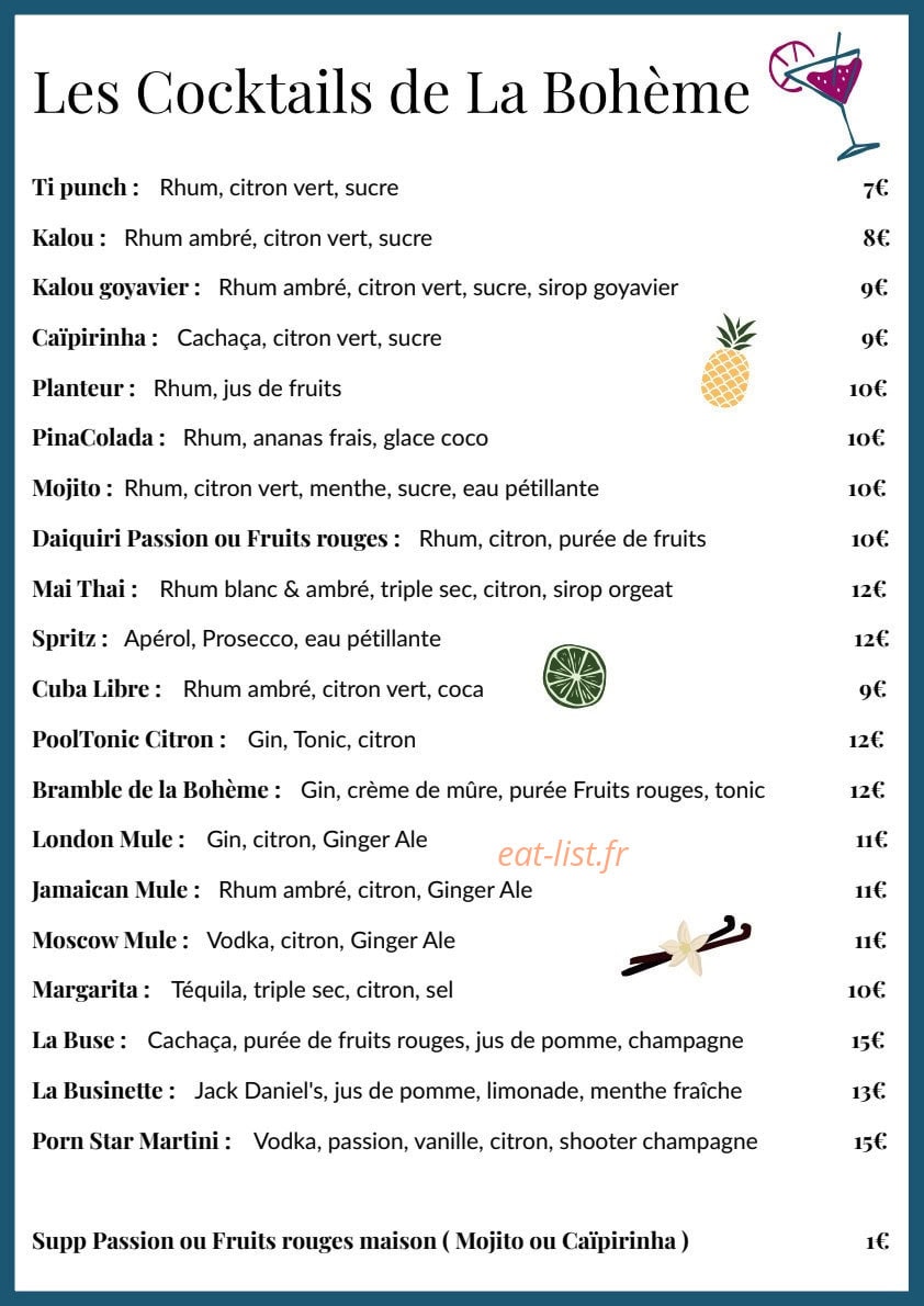 Carte et menu de La Bohème à Les Trois Bassins — 1