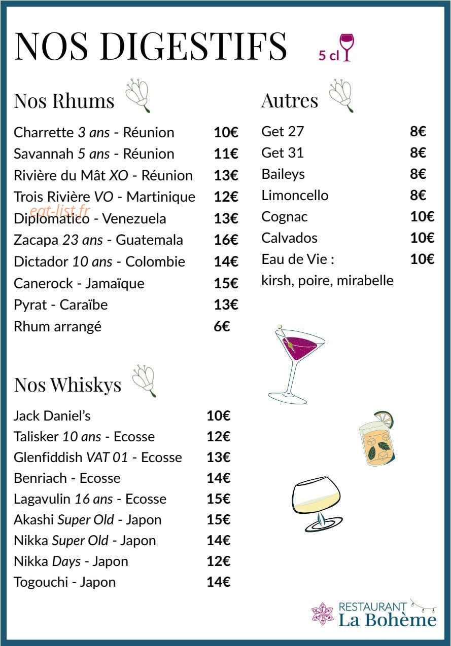 Carte et menu de La Bohème à Les Trois Bassins — 7