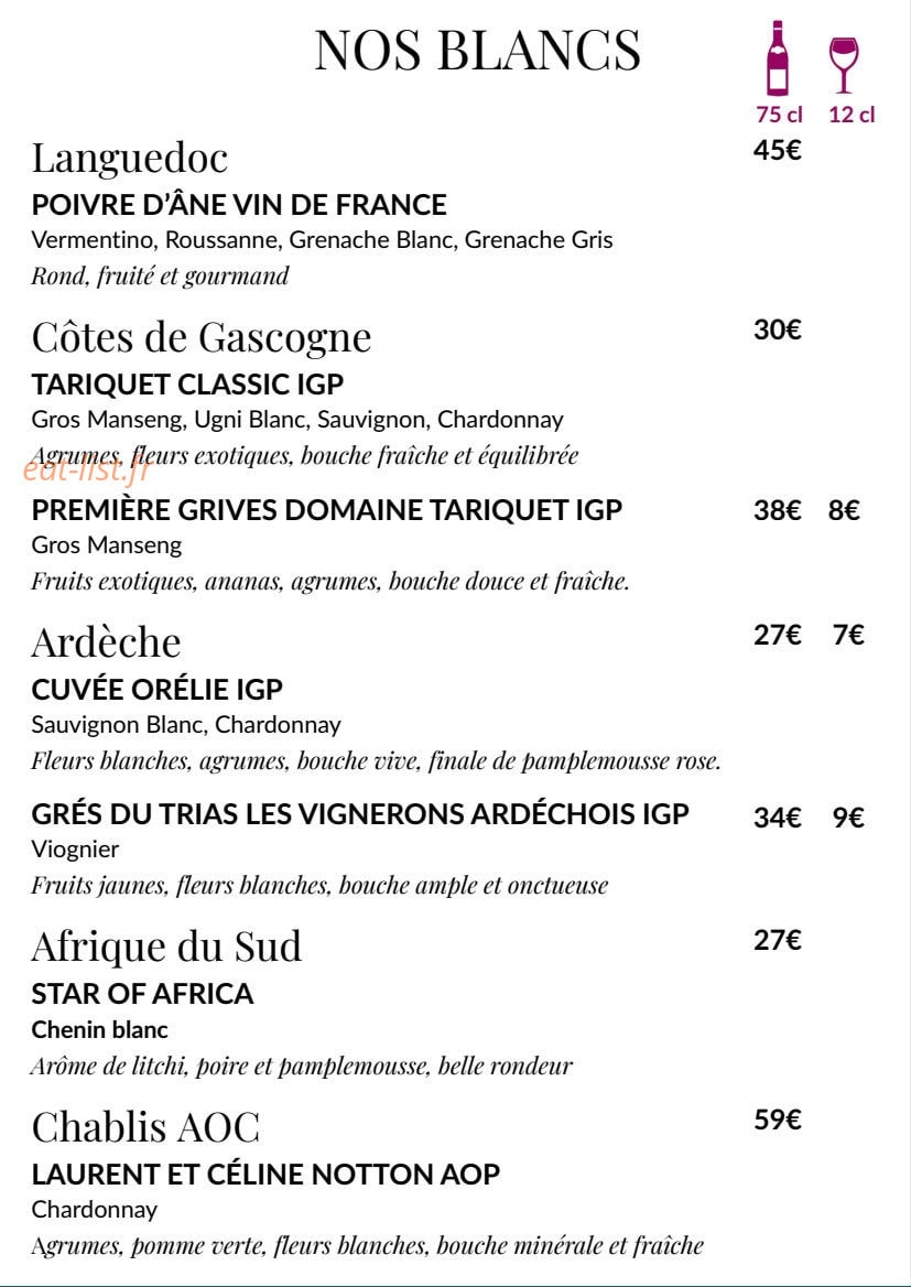 Carte et menu de La Bohème à Les Trois Bassins — 5
