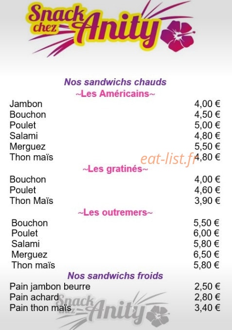 Snack Chez Anity — carte page 1