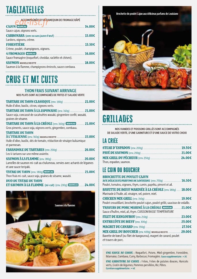 Carte et menu de L’Eté Indie à L' Etang Sale les Bains — Les tagliatelles, crus et grillades,...