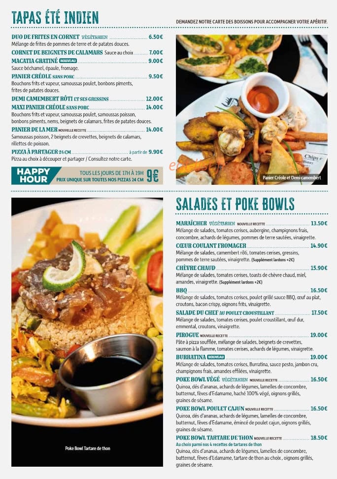 Carte et menu de L’Eté Indie à L' Etang Sale les Bains — Les tapas, salades et poké bowls
