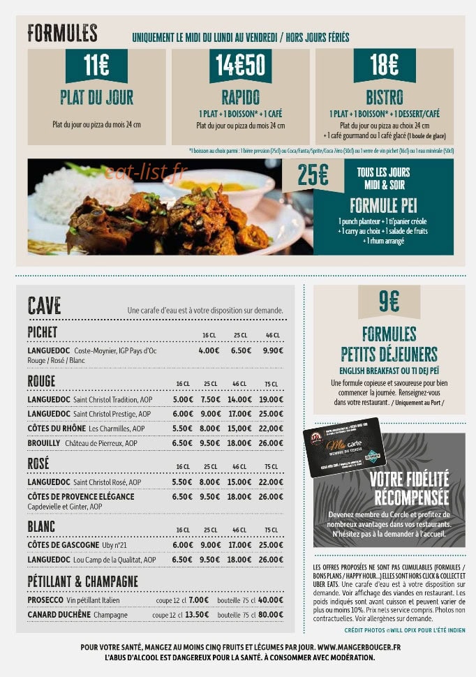 Carte et menu de L’Eté Indie à L' Etang Sale les Bains — Les formules, cave et formules petits déjeuners,...