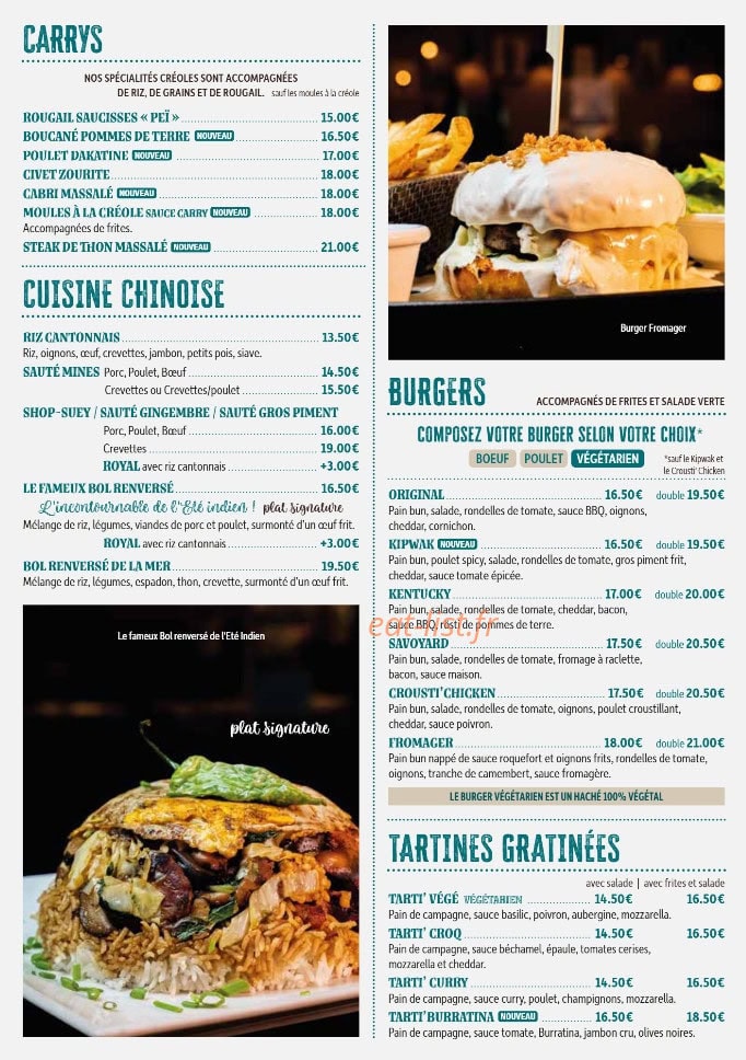 Carte et menu de L’Eté Indie à L' Etang Sale les Bains — Les carrys, burgers et tartines gratinées,...