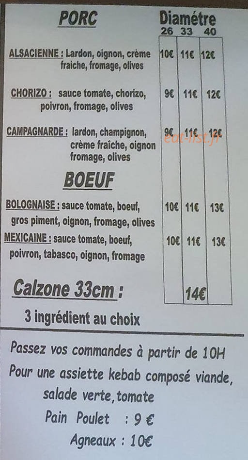 Carte et menu de Au coeur de grand Ilet chez Tania à Salazie — Les pizzas porc te bœuf, calzone