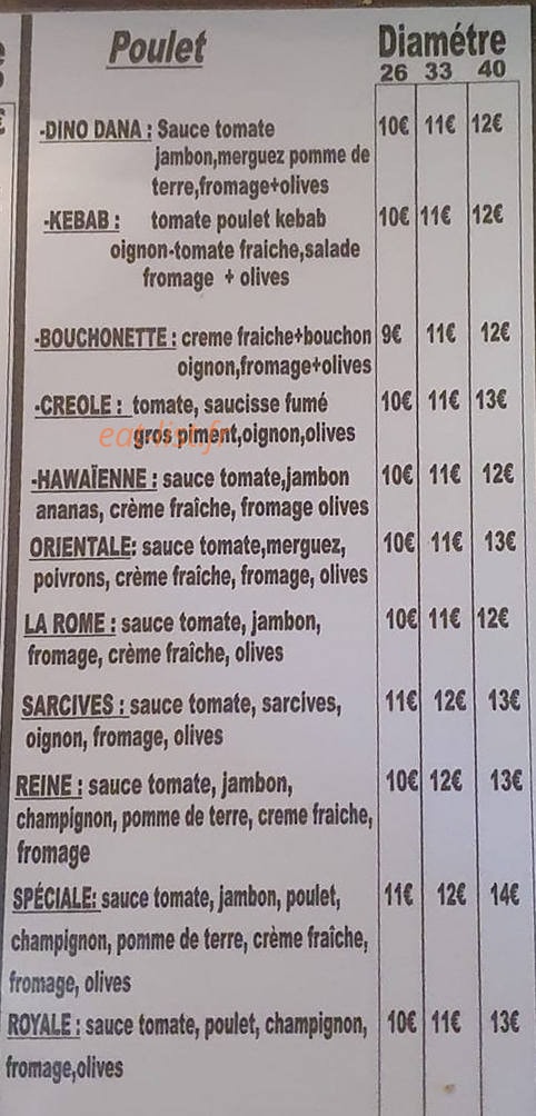 Carte et menu de Au coeur de grand Ilet chez Tania à Salazie — Les pizzas poulet