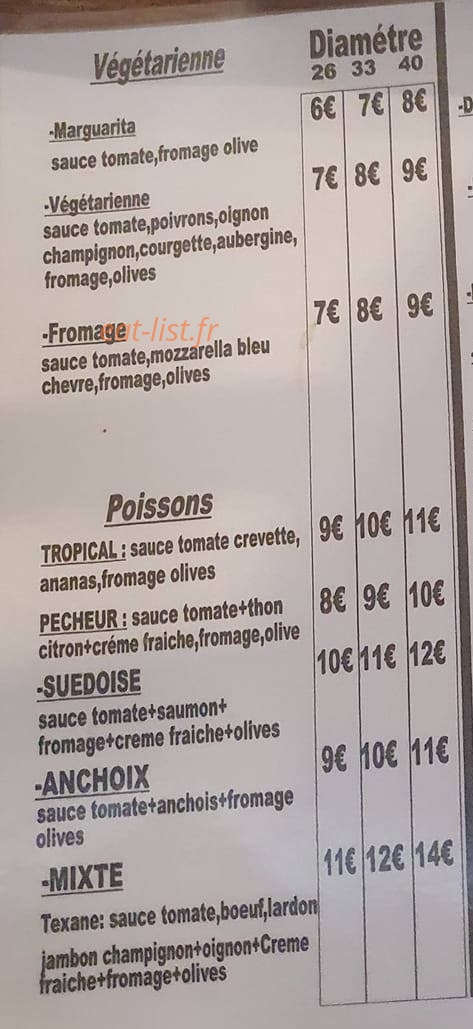 Carte et menu de Au coeur de grand Ilet chez Tania à Salazie — Les pizzas végétariennes et pissons