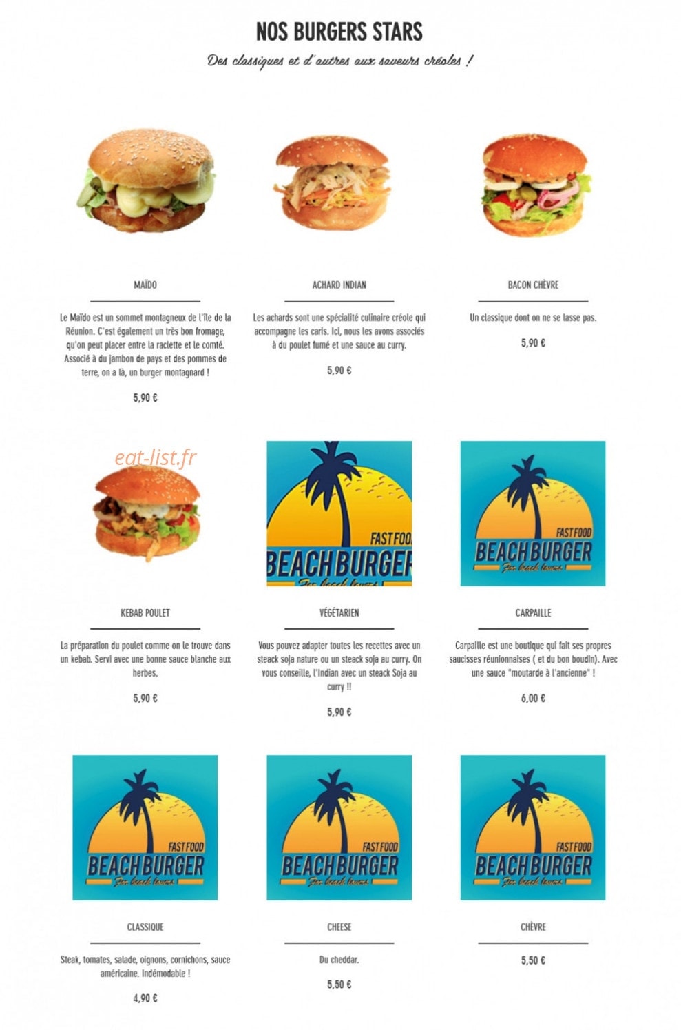 Beach Burger — carte page 1