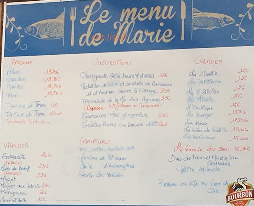 Carte et menu de Chez marie à Saint Gilles les Bains — Les plats